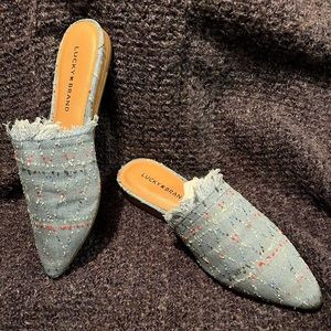 Lucky Brand Bapsee Denim Flat Mules. Size 7.5, Worn Once, Like New Condition.
